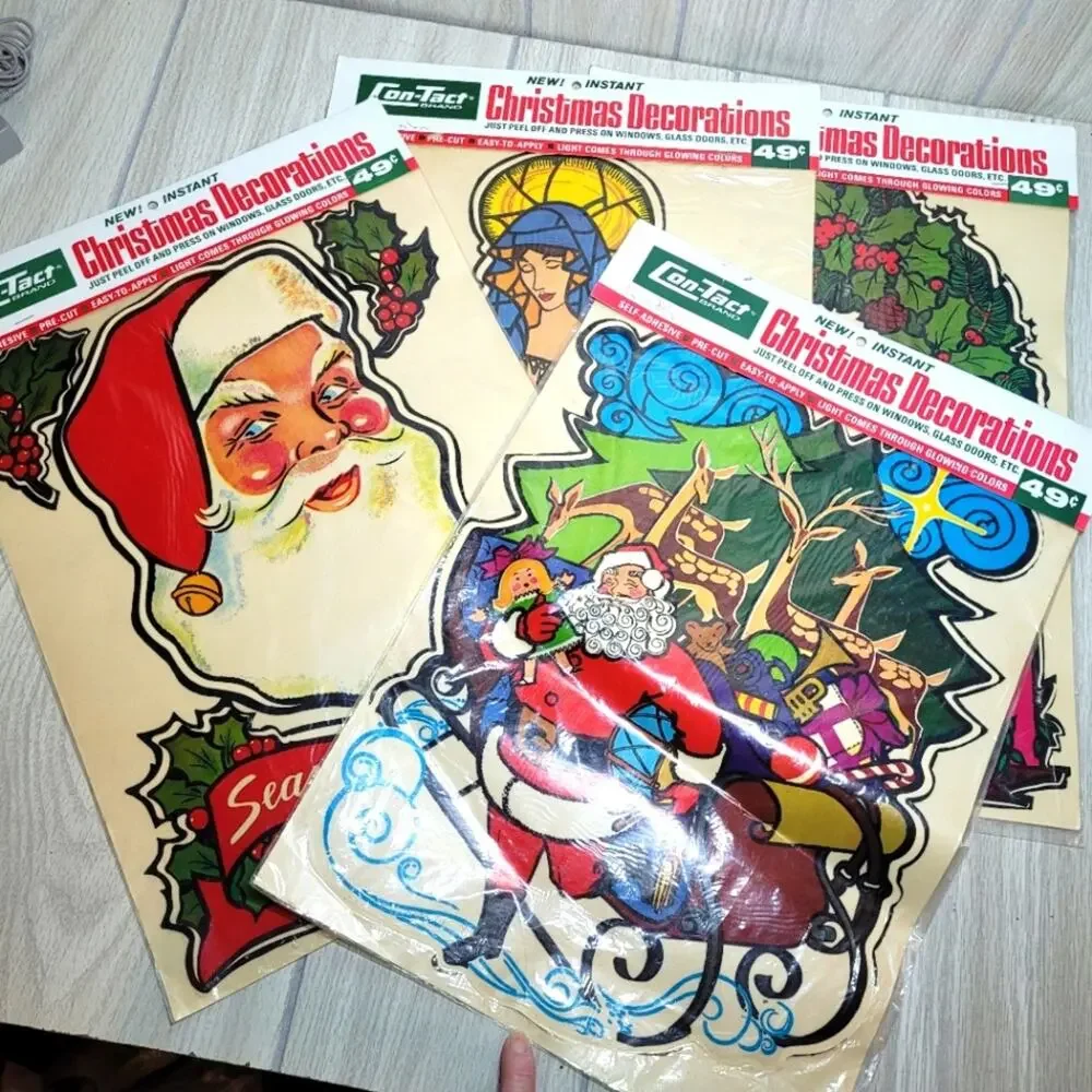 Vintage Christmas Window Cling Lot Of 5 Con Tact Instant Christmas Decorations